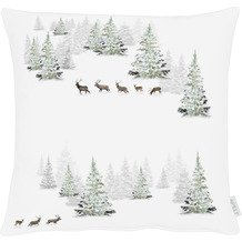APELT Chalet Style Kissenhülle verschneiter Winterwald mit Tieren und Tannen weiß / grün 49x49 cm