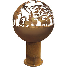 Le Coq Porcelaine Feuerkugel mit hohem Standfuß Walddesign 50 cm Atlantis Cortenstahl