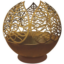 Le Coq Porcelaine Feuerkugel mit kleinem Standfuß Blattdesign 60 cm Atlantis Cortenstahl