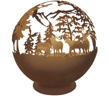 Le Coq Porcelaine Feuerkugel mit kleinem Standfuß Walddesign 60 cm Atlantis Cortenstahl