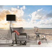 Livingwalls Fototapete Designwalls Tapete Strand und Meer Beach Chair beige blau weiß Vliestapete glatt 3,50 m x 2,55 m