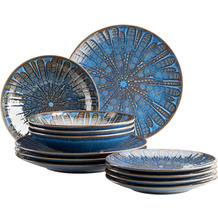 Mäser AQUAMARINE Mandala Teller Set für 12 Personen mit 36-teiliges Tafelservice aus hochwertiger Keramik Blau