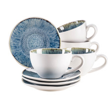Mäser FROZEN Kaffeetassen Set mit Untertassen für 12 Personen aus schöner Keramik, Cappuccinotassen mit gesprenkelter Glasur, organische Formen im Vintage Look Blau