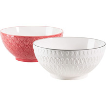 Mäser Telde, Schüssel Set aus 2 großen Suppenschüsseln mit hübscher Relief-Oberfläche, Weiß / Rot