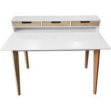 Möbilia Schreibtisch, weiß, Beine aus Holz MDF, Beine Heveaholz matt weiß, Beine natur