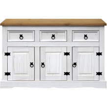 Möbilia Sideboard Kiefer massiv weiß lackiert, honigfarbige Deckplatte, 3 Schubladen, 3 Türen