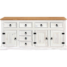Möbilia Sideboard Kiefer massiv weiß lackiert, honigfarbige Deckplatte, 3 Türen, 7 Schubladen