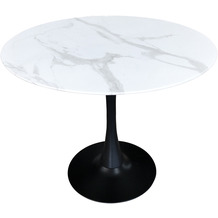Möbilia Tisch 100 cm Durchmesser Platte Glas in Marmoroptik, Gestell pulverbeschichtetes Metall Platte weiß, Gestell schwarz