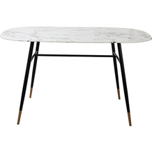 Möbilia Tisch 140x90 cm # Platte Glas in Marmoroptik, Gestell pulverbeschichtetes Metall Platte weiß, Beine schwarz