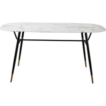 Möbilia Tisch 160x90 cm Platte Glas in Marmoroptik, Gestell pulverbeschichtetes Metall Platte weiß, Beine schwarz