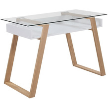 SalesFever Schreibtisch 110x55x75 cm weiß matt lackiert, echtholzfunier Eiche mit Stauraum unter der Glasplatte
