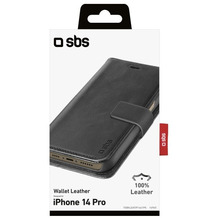 SBS Real Leather Wallet for iPhone 14 Pro, black color