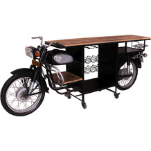 SIT THIS & THAT Weintisch aus einem recycelten Rajdoot-Motorrad, mit Ablage für Flaschen schwarz + natur
