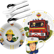 Sterngraf Kinder-Set Feuerwehrmann Sam 7tlg. MIT GRAVUR (z.B. Namen) personalisiertes Kinderbesteck + Kindergeschirr (Teller, Schale, Tasse)