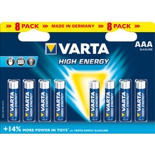 VARTA Batterie Alkaline, Micro, AAA, LR03, 1.5V High Energy, Retail Blister (8-Pack)