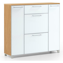 Voss Möbel Santina Schuhschrank mit 2 Türen, 1 Schubkasten sowie 2 Klappen aus Eiche bianco - Optiweiß, 121 x 108 x 31 cm