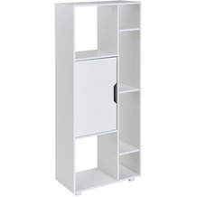 Wohnling Bücherregal Weiß 62,5x150x32 cm Standregal Offen Modern Wohnzimmer, Design Raumteiler mit Tür Quer Freistehend | Regal für Ordner