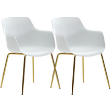 Wohnling Design Esszimmerstuhl 2er Set Weiß Retro, mit goldenen Metallbeinen, Küchenstuhl mit Armlehne, Schalenstuhl Esszimmer