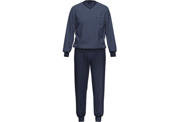 AMMANN Schlafanzug lang, V-Ausschnitt, Brusttasche, blau 54