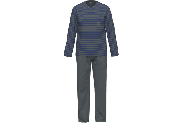 AMMANN Schlafanzug lang, V-Ausschnitt, Brusttasche, dunkelblau gestreift 48