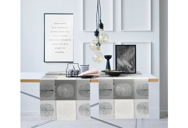 APELT Loft Style Tischläufer Blattmotiv schwarz / weiß 44x140 cm