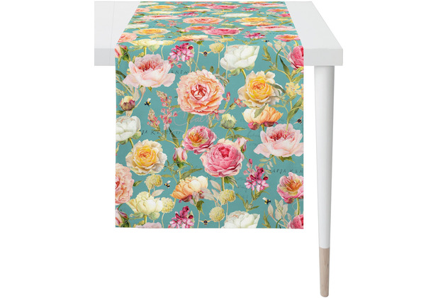 APELT Summertime Tischläufer gemalte Rosen und Sommerblüten petrol / bunt 48x140 cm