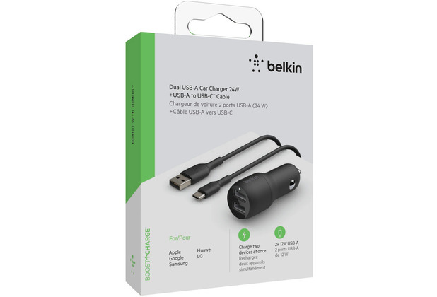 Belkin Dual USB-A Kfz-Ladegert incl. USB-C Kabel 1m 24W black