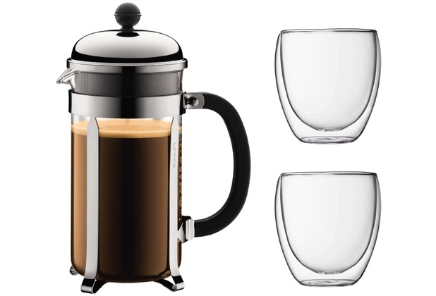 Bodum CHAMBORD SET Kaffeebereiter, 8 Tassen, 1.0 l und 2 doppelwandigen Gläser, 0.35 l glänzend