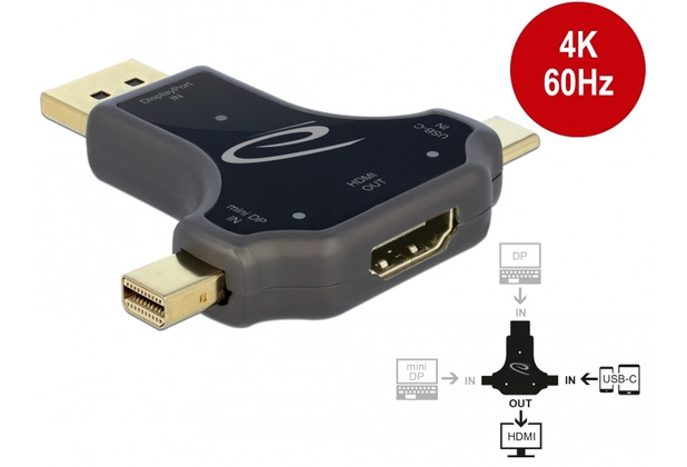 DeLock 3 in 1 Monitoradapter mit USB-C/DP/ mini DP Eingang auf HDMI Ausgang