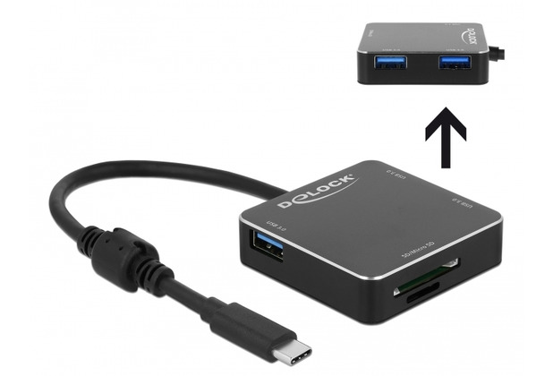 DeLock 3 Port USB 3.1 Gen 1 Hub mit USB Type-C Anschluss und SD + Micro SD Slot 3 USB Typ-A