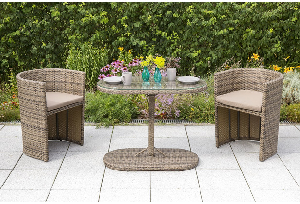 Hertie Garten Ancona Balkon Set, 2 Personen, 2 Sessel inkl. Kissen, 1 Tisch, oval, naturfarbenes Geflecht mit beigefarbenen Kissen