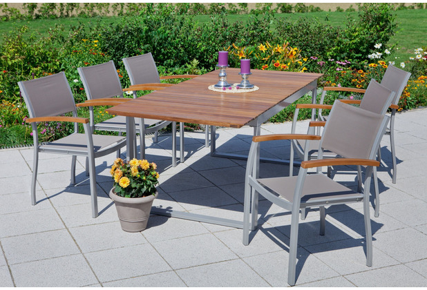 Hertie Garten 6 Personen Naxos Set ,Stapelsessel & Ausziehtisch Essgruppe Gartenmbelset, Aluminium, Akazienholz