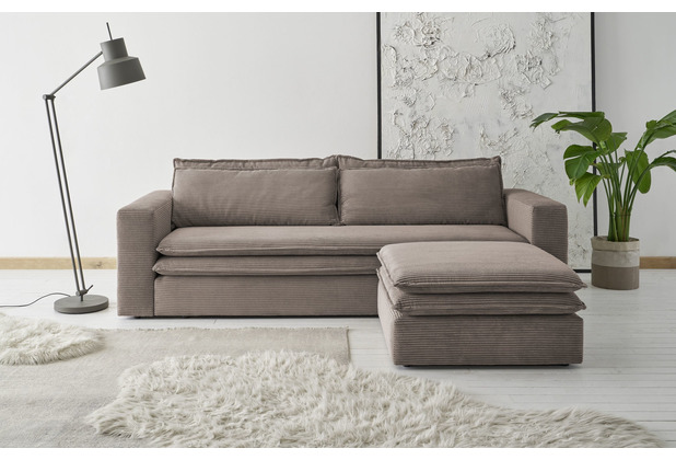 Hertie PIAGGE Set - Couch mit Bettfunktion/ Hocker Stoff POSO 03 (Hellbraun), Cordstoff