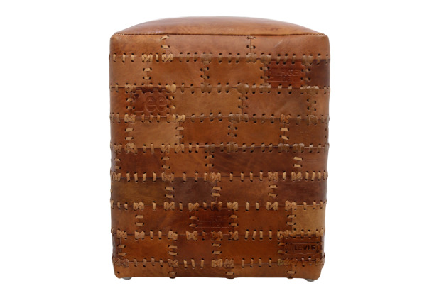 HSM Collection Pouf Patchwork - 33x33 cm - Kuhleder - vintage cognac