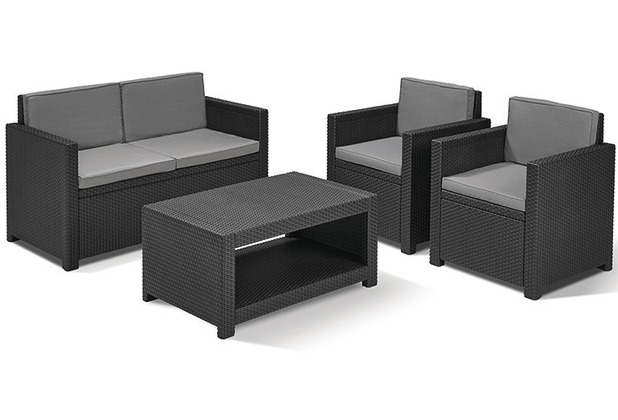 Jardin Monaco Loungeset, Geflechtoptik graphit bestehend aus: 2 x Sessel, 1 x Bank, 1 x Tisch,inklusive Sitz- und Rckenkissen grau