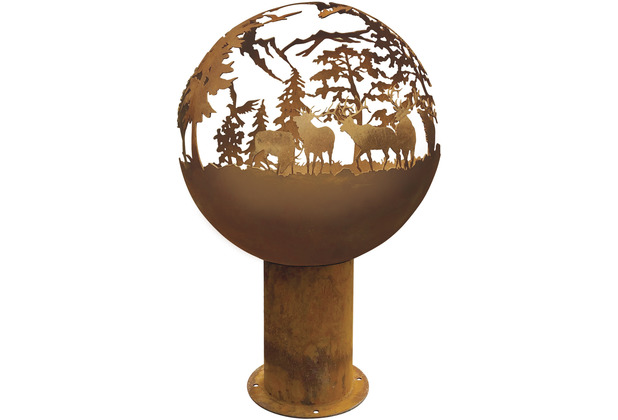 Le Coq Porcelaine Feuerkugel mit hohem Standfu Walddesign 50 cm Atlantis Cortenstahl