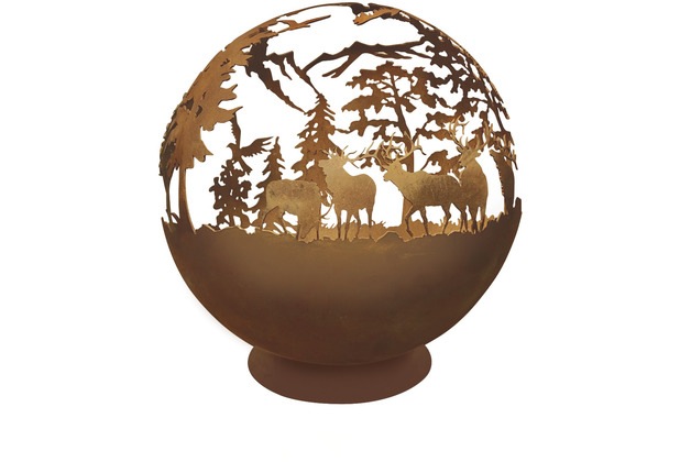 Le Coq Porcelaine Feuerkugel mit kleinem Standfu Walddesign 60 cm Atlantis Cortenstahl