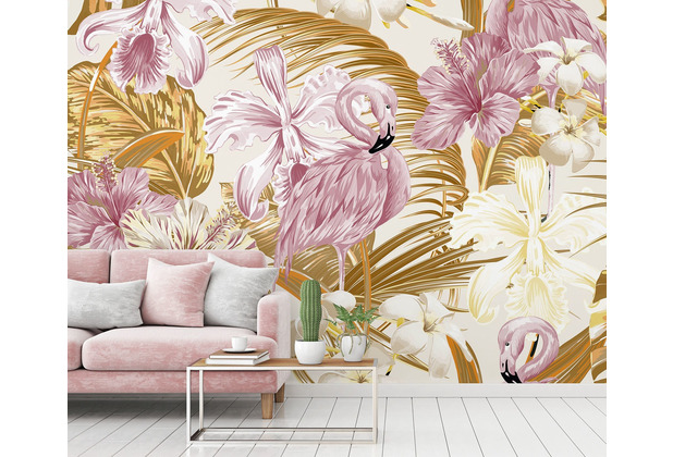 Livingwalls Fototapete Designwalls Flamingo Tapete Flamingo Art rosa gold weiß Vliestapete glatt 3,50 m x 2,55 m