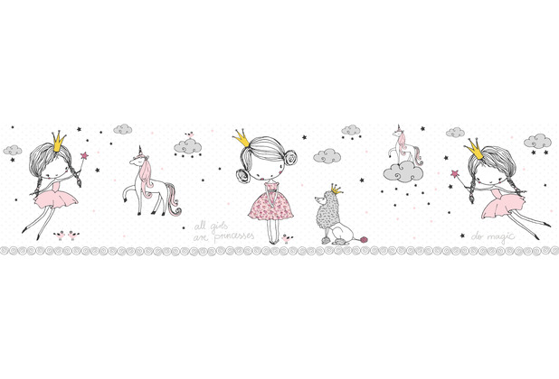 Lovely Kids selbstklebende Kinderzimmer Bordüre Magic Princess rosa grau weiß 403755 5,00 m x 15,5 cm