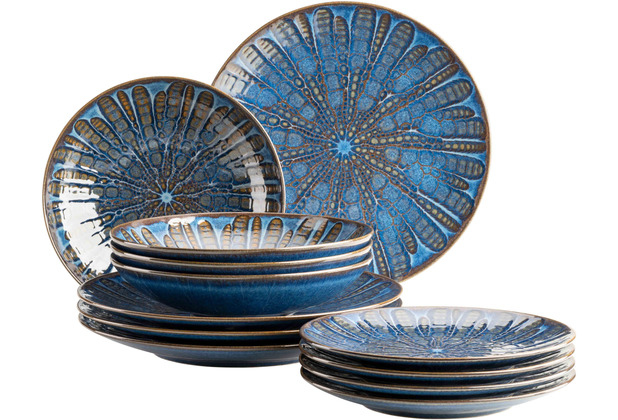 Mser AQUAMARINE Mandala Teller Set fr 12 Personen mit 36-teiliges Tafelservice aus hochwertiger Keramik Blau