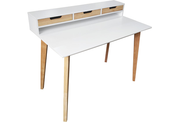 Möbilia Schreibtisch, weiß, Beine aus Holz MDF, Beine Heveaholz matt weiß, Beine natur