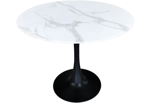 Mbilia Tisch 100 cm Durchmesser Platte Glas in Marmoroptik, Gestell pulverbeschichtetes Metall Platte wei, Gestell schwarz
