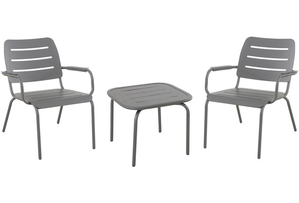 MWH Kleo Lounge Set aus Vollaluminium, bestehend aus zwei Lounge Stapelsesseln und einem Tisch. light grey