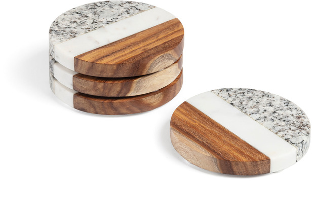 Nosh Cataleg 4er-Set runde Untersetzer aus weissen und grauem Marmor und Mango Holz