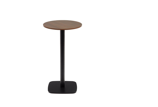 Nosh Dina hoher runder Tisch Melamin in Nussbaum-Finish und Metallbein mit schwarzer Lackierung