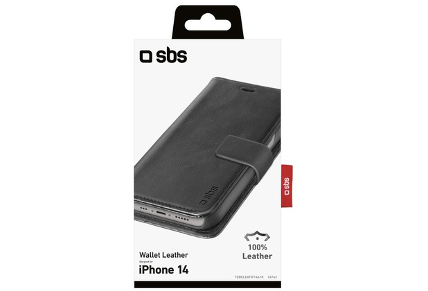 SBS Real Leather Wallet for iPhone 14, black color