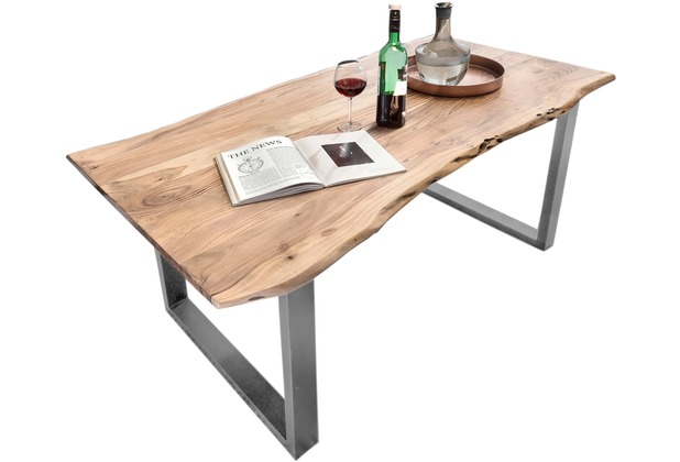 SIT TABLES & CO Tisch 200x100 cm, Akazie natur, 56 mm Platte natur, Gestell silber