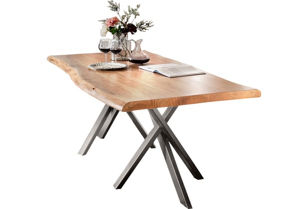 SIT TABLES & CO Tisch 220x100 cm, Akazie natur, 56 mm Platte natur, Gestell silber