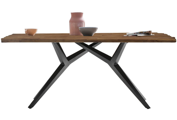 SIT TABLES & CO Tisch 200x100 cm Platte Teak mit Bruchkante, extravagantes schwarzes Gestell