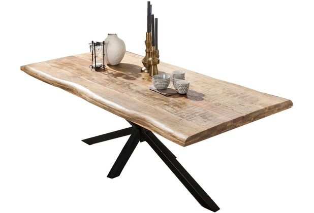 SIT TABLES & CO Tisch 200x100 cm Platte Mango mit Baumkante, schwarzes Stern-Gestell